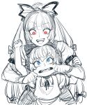  2girls :d arm_grab arms_up bangs blue_eyes blunt_bangs bow cheek_pull cirno clenched_hand constricted_pupils dress eyebrows_visible_through_hair facing_viewer fangs fujiwara_no_mokou greyscale hair_bow juliet_sleeves long_hair long_sleeves looking_at_another looking_up monochrome multiple_girls neck_ribbon open_mouth pinafore_dress puffy_short_sleeves puffy_sleeves red_eyes ribbon sanpaku short_hair short_sleeves sketch sleeve_garter smile spacezin spot_color touhou upper_teeth v-shaped_eyebrows wing_collar 