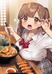  1girl blush bow bowtie breast_rest breasts brown_eyes brown_hair chopsticks collarbone collared_shirt commentary_request eyebrows_visible_through_hair food food_on_face grey_skirt highres holding holding_chopsticks indoors jewelry kodama_(sakura_yuki) large_breasts long_hair looking_at_viewer necklace noodles open_mouth original plaid plaid_skirt red_neckwear sakura_yuki_(clochette) sausage shirt skirt solo sparkle white_shirt 