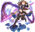  1girl arm_up armor armored_boots artist_request asymmetrical_bangs aura bangs beatrix_(granblue_fantasy) belt blue_legwear blue_ribbon blue_vest blush boots breasts brown_footwear brown_hair brown_jumpsuit clenched_hand clothing_cutout cube energy_sword faulds full_body gauntlets granblue_fantasy green_eyes hair_ornament hair_ribbon highres holding holding_sword holding_weapon knee_pads large_breasts leg_up light_blush long_hair looking_at_viewer navel non-web_source official_art open_mouth outstretched_arm ponytail ribbon shiny shiny_hair short_jumpsuit shoulder_armor solo standing standing_on_one_leg stomach stomach_cutout sword teeth thigh-highs tied_hair transparent_background v-shaped_eyebrows vambraces vest waist_cape weapon world_flipper 