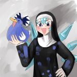  1girl animal bird blue_eyes blue_hair bow cirno cropped_torso crossover detached_wings duck footprints habit hair_bow highres holding holding_animal ice ice_wings little_nuns_(diva) nun paint_splatter smile solo step_arts touhou wings 