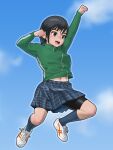 1girl :d arm_up bike_shorts bike_shorts_under_skirt black_hair blue_skirt blush brown_eyes clenched_hands clouds commentary from_below green_jacket herikutsu_ryuutsuu_center highres jacket jersey jumping kneehighs looking_ahead muscular muscular_female navel open_mouth original plaid plaid_skirt shoes short_hair skirt sky smile sneakers tan teeth thick_eyebrows track_jacket track_suit white_footwear 