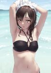  1girl armpits bangs bikini black_bikini black_hair breasts brown_eyes collarbone commentary_request eyebrows_visible_through_hair jonsun looking_at_viewer medium_breasts medium_hair mole mole_on_breast navel ocean original parted_bangs solo swimsuit twitter_username undressing wet 