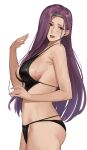  1girl bikini black_bikini breasts brown_eyes circlet fire_emblem fire_emblem_echoes:_shadows_of_valentia from_side hand_up highres j@ck large_breasts long_hair medium_breasts open_mouth purple_hair sideboob simple_background skindentation sonya_(fire_emblem) straight_hair strap_gap swimsuit very_long_hair wet white_background 