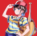  1girl backpack bag baseball_bat baseball_cap blue_eyes brown_hair commentary_request cosplay eyebrows_visible_through_hair hand_on_headwear hand_on_hip hat hololive horizontal_stripes looking_at_viewer mother_(game) mother_2 ness_(mother_2) ness_(mother_2)_(cosplay) oozora_subaru red_background sakino_shingetsu shirt short_hair short_sleeves smile solo striped striped_shirt virtual_youtuber 