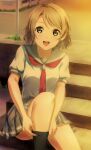  1girl :d absurdres adjusting_clothes adjusting_legwear bangs black_legwear blue_eyes blush brown_hair collared_shirt evening eyebrows_visible_through_hair grey_sailor_collar grey_skirt highres kneehighs looking_at_viewer love_live! love_live!_sunshine!! miniskirt neckerchief open_mouth pleated_skirt red_neckwear sailor_collar sailor_shirt school_uniform shiny shiny_hair shirt short_hair short_sleeves sitting skirt smile solo stairs supra_is_black_(altea) swept_bangs uranohoshi_school_uniform watanabe_you white_shirt 