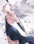  1girl armlet azto_dio bare_back black_dress breasts bridal_gauntlets commentary dress english_commentary highres holding holding_sword holding_weapon katana long_hair looking_at_viewer medium_breasts original petals red_eyes silver_hair solo sword thighs weapon 