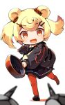  1girl animal_ears arknights bear_ears black_dress black_footwear black_jacket blonde_hair blurry blurry_foreground candy candy_hair_ornament candy_wrapper colored_shadow depth_of_field dress food food-themed_hair_ornament frying_pan gummy_(arknights) hair_ornament hairclip highres holding jacket lollipop long_sleeves pantyhose puffy_long_sleeves puffy_sleeves red_legwear shadow shoes solo standing standing_on_one_leg swirl_lollipop twintails white_background youhei_64d 