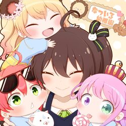  35p_(sakura_miko) 4girls :d =_= ahoge animal_ears bangs bear_ears black_ribbon blonde_hair blush brown_hair candy cat_hair_ornament child closed_eyes crown ebi_frion_(natsuiro_matsuri) eyewear_on_head flower food gradient_hair green_eyes hair_between_eyes hair_flower hair_ornament hair_ribbon hair_rings heterochromia highres himemori_luna hololive hug kindergarten_uniform licking lollipop long_hair matsurisu medium_hair mini_crown momosuzu_nene multicolored_hair multiple_girls natsuiro_matsuri on_head open_mouth person_on_head pink_hair red-framed_eyewear ribbon sakura_miko side_ponytail smile translated triangle_mouth violet_eyes virtual_youtuber wavy_mouth younger yukino_tsukasa 