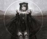  1girl animal_ears arknights bangs bare_shoulders black_choker black_dress cat_ears choker closed_mouth commentary_request dress expressionless eyebrows eyebrows_visible_through_hair field grey_legwear hair_ornament hairclip heibaise_jiangshi legs_together long_sleeves looking_at_viewer mandrake_(arknights) medium_hair mountain mountainous_horizon off-shoulder_dress off_shoulder outdoors scenery short_dress sidelocks solo thigh-highs wide_sleeves yellow_eyes 
