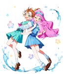 2girls :d ;d aozora_middle_school_uniform aqua_hairband blue_eyes blue_skirt brown_footwear commentary_request full_body green_eyes green_skirt hairband highres laura_la_mer long_hair miyukiyo multiple_girls natsuumi_manatsu one_eye_closed open_mouth pink_hair precure school_uniform shoes short_hair short_sleeves skirt smile socks tropical-rouge!_precure white_background