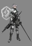  1girl absurdres ahoge armor armored_boots arms_at_sides bodevarc boots braid breastplate fur_trim gauntlets green_hair grey_background highres holding holding_sword holding_weapon knight lion_print looking_at_viewer original plate_armor standing sword violet_eyes weapon 