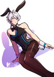 1boy absurdres animal_ears bangs black_neckwear blue_eyes blush bow bowtie bunny_boy character_name closed_mouth crossdressing fake_animal_ears hair_between_eyes highres honkai_(series) honkai_impact_3rd kaixuan_lushang kevin_kaslana looking_at_viewer male_playboy_bunny playboy_bunny rabbit_ears short_hair sleeveless solo white_background white_hair