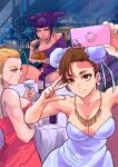  3girls 6maker :t absurdres antenna_hair bangs bare_shoulders blue_eyes blunt_bangs bottle breasts brown_eyes brown_hair bun_cover cammy_white cellphone chun-li cityscape cocktail cocktail_glass collarbone cup double_bun dress drinking_glass earrings eating food forehead formal hair_horns han_juri highres holding holding_phone huge_filesize jewelry large_breasts medium_breasts multiple_girls necklace night off-shoulder_dress off_shoulder pasta phone pose purple_dress purple_hair red_dress scar scar_on_cheek scar_on_face selfie sideboob smartphone spaghetti spaghetti_strap strapless strapless_dress street_fighter toned triangle_earrings v v_over_eye violet_eyes white_dress wine_bottle 