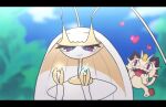  blue_pupils blurry blurry_background blush chiimako closed_mouth commentary_request day eyelashes hands_up heart heart_in_eye hetero holding meowth outdoors pheromosa pokemon pokemon_(creature) smile symbol_in_eye ultra_beast violet_eyes 