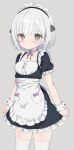  1girl apron bangs black_dress blush breasts closed_mouth commentary_request dress eyebrows_visible_through_hair frilled_apron frilled_dress frills grey_background grey_eyes highres looking_at_viewer maid maid_headdress original puffy_short_sleeves puffy_sleeves ruriri short_hair short_sleeves silver_hair simple_background small_breasts solo thigh-highs two_side_up white_apron white_legwear wrist_cuffs 