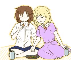  2girls alternate_costume barefoot beer_can blonde_hair blue_shorts blush brown_hair can crossed_legs eating maribel_hearn multiple_girls nightgown seiza shirt short_sleeves shorts sitting sleepwear snack sweatdrop touhou unagi_sango usami_renko white_shirt 