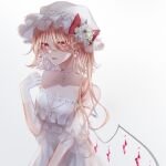  1girl alternate_costume bare_shoulders blonde_hair blurry bow breasts collarbone crystal depth_of_field dress eyebrows_visible_through_hair flandre_scarlet flower gloves gradient gradient_background grey_background grey_choker hair_over_eyes hand_up hat hat_bow highres hisu_(hisu_) latin_cross light_blush looking_at_viewer medium_breasts mob_cap one_side_up parted_lips pink_eyes pointy_ears poppy_(flower) red_bow see-through short_hair simple_background solo touhou upper_body white_dress white_flower white_gloves white_headwear wings 