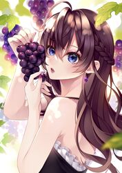  1girl bangs bare_arms bare_shoulders blue_eyes braid brown_hair commentary_request earrings eyebrows_visible_through_hair fingernails food frills from_side fruit grapes highres holding holding_food holding_fruit ichinose_shiki idolmaster idolmaster_cinderella_girls jewelry lipstick long_fingernails long_hair looking_at_viewer looking_to_the_side makeup nail_polish parted_lips pink_nails purple_lips sleeveless solo upper_body wakatsuki_you 