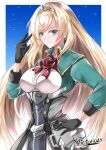  1girl absurdres black_gloves blonde_hair breasts flower gloves green_eyes highres kantai_collection kentan_(kingtaiki) long_hair medium_breasts overskirt red_flower red_rose rose smile solo tiara upper_body victorious_(kancolle) 