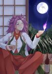  1girl blouse dress_shirt full_moon hakama hakama_pants highres japanese_clothes jun&#039;you_(kancolle) kantai_collection long_hair magatama moon night night_sky onmyouji pants purple_hair red_hakama shikigami shirt sitting sky solo spiky_hair taira_yuuki vest violet_eyes 