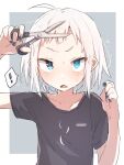  ! 1girl ahoge black_shirt blue_eyes blue_nails blush border cutting_hair fang fingernails hand_up hands_up heterochromia higashi_shino holding holding_scissors looking_at_viewer medium_hair nail_polish nowareno_(higashi_shino) open_mouth original scissors shirt short_sleeves slit_pupils solo spoken_exclamation_mark sweatdrop white_border 