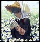  1girl absurdres ayanami_rei bandana bangs blue_hair daisy evangelion:_3.0+1.0_thrice_upon_a_time field flower flower_field gloves hat highres holding holding_flower neon_genesis_evangelion outdoors plugsuit rebuild_of_evangelion red_eyes short_hair sitting sky solo straw_hat tenderina_123 white_bandana white_gloves 