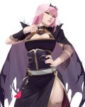  1girl belt black_cape black_dress breasts cape cleavage_cutout clothing_cutout cowboy_shot crown dress highres hololive hololive_english large_breasts lipstick long_hair long_sleeves looking_at_viewer makeup mori_calliope parted_lips pink_hair pink_lips red_eyes simple_background slit_throat_(gesture) solo thigh-highs torn_cape torn_clothes umber veil white_background white_belt wristband 