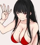  2girls bikini black_hair breasts closed_mouth cocq_taichou hand_up large_breasts long_hair looking_at_viewer mole mole_on_breast multiple_girls one_eye_closed original red_bikini red_eyes simple_background smile solo_focus swimsuit upper_body white_background 