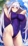  1girl armpits arms_behind_head arms_up bangs bare_shoulders blue_sky blush breasts clouds covered_navel earrings fate/grand_order fate_(series) flower hair_flower hair_ornament hair_ribbon highleg highleg_swimsuit highres jewelry kama_(fate) kama_(swimsuit_avenger)_(fate) large_breasts long_hair looking_at_viewer lotus multicolored_hair one-piece_swimsuit open_mouth outdoors palm_tree purple_hair purple_swimsuit red_eyes ribbon silver_hair sky smile solo star_(symbol) star_earrings sun swimsuit thighs tree two-tone_hair untue 