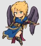  1girl blonde_hair boots breasts breath_of_fire breath_of_fire_ii chibi closed_mouth dress green_eyes ibara. long_hair nina_(breath_of_fire_ii) purple_wings side_slit simple_background solo wings 