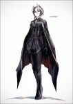  1girl armor black_armor black_cape black_coat black_eyes black_hair breasts cape closed_mouth coat full_body k-suwabe looking_at_viewer made_in_abyss medium_breasts multicolored_hair ozen pants short_hair simple_background solo standing two-tone_hair white_background white_hair 