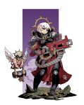  1girl absurdres adepta_sororitas angel_wings armor bangs bolt_pistol bolter breasts cape flamer full_body gun highres holding holding_weapon imperium_of_man pauldrons power_armor purity_seal purple_background rmulderz short_hair shoulder_armor simple_background warhammer_40k weapon white_hair wings 