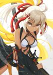  1girl ahoge bangs bikini black_sleeves blonde_hair breasts closed_mouth collarbone commentary_request dark-skinned_female dark_skin detached_sleeves eyebrows_visible_through_hair fate/grand_order fate_(series) grey_eyes hair_between_eyes hair_ornament hair_ribbon highres holding holding_sword holding_weapon katana long_hair looking_at_viewer matsuba_moco medium_breasts multicolored_hair okita_souji_(alter_swimsuit_saber)_(fate) okita_souji_(fate) ponytail red_ribbon ribbon sheath sheathed sidelocks solo straight_hair swimsuit sword tassel two-tone_hair very_long_hair weapon white_bikini white_hair white_swimsuit wide_sleeves 