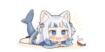  ! 1girl :d absurdres animal_ear_fluff animal_ears bangs blue_eyes blue_hair blunt_bangs blush_stickers cat_ears chibi commentary dated_commentary english_commentary fish_tail gawr_gura hair_ornament hairclip highres hololive hololive_english kemonomimi_mode lying multicolored_hair on_stomach open_mouth same_anko shark_tail sharp_teeth shrimp simple_background smile solo streaked_hair tail teeth two-tone_hair two_side_up v-shaped_eyebrows virtual_youtuber white_background white_hair 