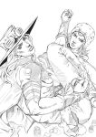  2boys absurdres araki_hirohiko_(style) ball cape closed_mouth cowboy cowboy_hat frown grandguerrilla greyscale gyro_zeppeli hat highres holding holding_ball horseshoe_ornament johnny_joestar jojo_no_kimyou_na_bouken long_hair looking_at_viewer male_focus monochrome multiple_boys official_style shirt simple_background steel_ball_run western white_background wristband 