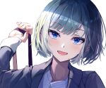 1girl :d arm_up bangs black_jacket blue_eyes blush eyebrows_visible_through_hair head_tilt highres holding jacket long_sleeves looking_at_viewer nail_polish open_clothes open_jacket open_mouth original red_nails seero shirt short_hair smile solo upper_body white_shirt 