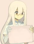  1girl bandaged_hand bandages blonde_hair boa_(brianoa) brown_eyes closed_mouth collared_shirt grey_background highres holding holding_sign looking_down original shirt short_sleeves sign simple_background smile solo upper_body white_shirt who_(boa_(brianoa)) wing_collar 