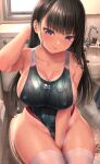  1girl :p arm_behind_head bangs bare_arms bare_shoulders bathroom between_legs black_hair black_swimsuit breasts closed_mouth collarbone commentary_request cowboy_shot eyebrows_visible_through_hair faucet hand_between_legs highleg highleg_swimsuit indoors kase_daiki large_breasts long_hair mole mole_under_eye one-piece_swimsuit original sideboob sink sitting solo swimsuit thigh-highs toilet toilet_paper tongue tongue_out violet_eyes wet white_legwear 