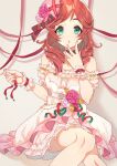  1girl :o bare_legs bare_shoulders detached_sleeves dress feet_out_of_frame frilled_dress frills hand_to_own_mouth hat hat_ribbon idolmaster idolmaster_cinderella_girls imtyousei imura_setsuna jewelry necklace off-shoulder_dress off_shoulder print_dress red_ribbon redhead ribbon sitting solo wrist_cuffs 