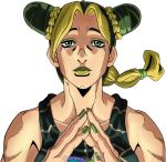  1girl blonde_hair braid braided_bun closed_mouth double_bun fingernails grandguerrilla green_eyes green_hair green_lips green_nails green_shirt jojo_no_kimyou_na_bouken kujo_jolyne light_smile lipstick looking_at_viewer makeup multicolored_hair nail_polish ponytail shirt simple_background solo steepled_fingers stone_ocean trade_offer_(meme) twitter_username two-tone_hair upper_body white_background 