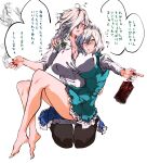  barefoot black_legwear blue_eyes blue_skirt blush bottle breasts cigarette commentary_request green_skirt green_vest highres izayoi_sakuya konpaku_youmu kyanduru large_breasts shirt short_hair silver_hair skirt touhou unbuttoned unbuttoned_shirt vest white_background white_shirt 