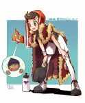  1boy :d argyle bent_over bo9_(bo9_nc) bottle brown_eyes brown_hair cape champion_uniform dated dynamax_band fur-trimmed_cape fur_trim hat holding holding_clothes holding_hat hop_(pokemon) leggings looking_down male_focus open_mouth pokemon pokemon_(game) pokemon_swsh red_cape rotom rotom_phone shirt shoes short_sleeves shorts signature smile sparkle sweat symbol-only_commentary teeth tongue towel towel_on_head translation_request victor_(pokemon) water_bottle white_legwear white_shorts 