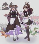 2girls :d :o alternate_costume apron audino bangs blue_eyes blush bow bowtie breasts brown_footwear brown_hair buttons commentary_request cup double_bun dress emolga enmaided eyelashes glass hair_ornament highres hilda_(pokemon) holding holding_teapot holding_tray long_hair looking_at_viewer maid minccino multiple_girls open_mouth oshawott pantyhose poke_ball poke_ball_(basic) pokemon pokemon_(creature) pokemon_(game) pokemon_bw pokemon_bw2 rosa_(pokemon) rpp_pic shoes short_sleeves sidelocks smile snivy standing teapot tepig thigh-highs tongue tray twintails white_apron white_legwear x_hair_ornament 