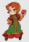  1girl apple brown_hair chibi closed_mouth curly_hair dragon_quest dragon_quest_vii dress food fruit green_eyes hood ibara. long_hair maribel_(dq7) simple_background smile solo 