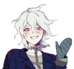 1boy ahoge bangs black_jacket blush chain collar commentary_request cropped_shoulders danganronpa_(series) danganronpa_another_episode:_ultra_despair_girls gloves grey_hair grin hand_up jacket komaeda_nagito long_sleeves looking_at_viewer male_focus medium_hair messy_hair metal_collar official_alternate_costume red_eyes shirt simple_background sketch smile solo striped striped_shirt upper_body white_background yp_(pypy_5_) 