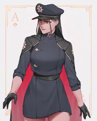  1girl black_cape black_gloves black_hair black_sash cape card closed_mouth coat copyright_request cowboy_shot gloves grey_coat half_gloves hat highres long_hair peaked_cap playing_card red_cape red_eyes sash solo standing two-sided_cape two-sided_fabric umber 