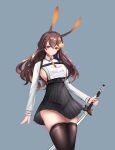  1girl absurdres animal_ears azur_lane black_legwear black_skirt breast_curtain breasts brown_hair chenhuan_wu_wo chikuma_(azur_lane) grey_background hair_between_eyes high-waist_skirt highres holding holding_sword holding_weapon large_breasts long_hair looking_at_viewer necktie orange_eyes orange_neckwear rabbit_ears sideboob simple_background skirt solo standing sword thigh-highs weapon 