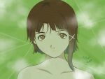  1girl asymmetrical_hair bare_shoulders brown_eyes brown_hair closed_mouth derivative_work hair_ornament hairclip iwakura_lain looking_at_viewer serial_experiments_lain short_hair solo x_hair_ornament yubi_kamii 