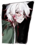  1boy alternate_eye_color bangs black_background blood blood_on_clothes blood_on_face closed_mouth commentary_request danganronpa_(series) danganronpa_2:_goodbye_despair from_side green_jacket hood hood_down hooded_jacket jacket komaeda_nagito looking_at_viewer male_focus open_clothes open_jacket outline red_eyes red_outline serious shirt short_hair solo upper_body white_background white_hair yp_(pypy_5_) 