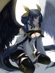  1girl absurdres asymmetrical_wings black_legwear blue_hair dizzy_(guilty_gear) feathered_wings guilty_gear guilty_gear_xrd hair_ribbon hair_rings highres red_eyes ribbon thigh-highs twintails wings yellow_ribbon 
